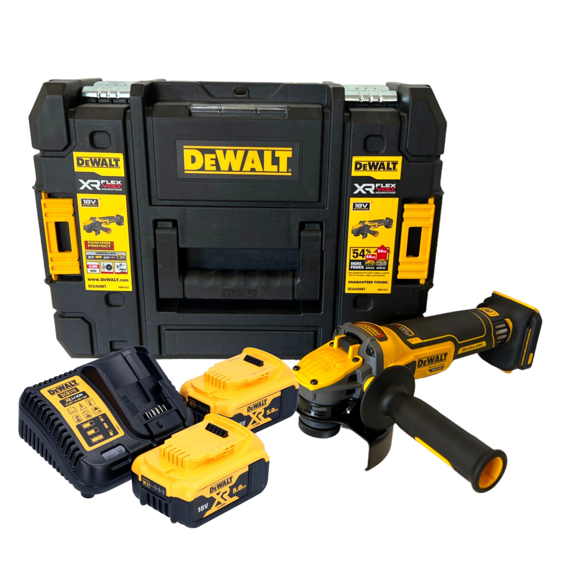 DeWalt DCG 409 P2T Akku Winkelschleifer 18 V 125 mm Brushless 2x Akku 5 0 Ah Ladegeraet TSTAK 0 - toolbrothers