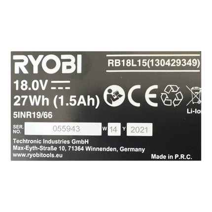 Ryobi RB18L15 Batterie 18 V 1,5 Ah / 1500 mAh Li-Ion ONE+ ( 5133001905 ) avec indicateur de charge