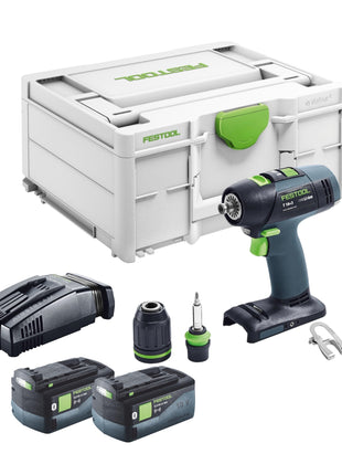 Festool T 18+3 Basic Akku Bohrschrauber 18 V 50 Nm Brushless + 2x Akku 5,0 Ah + Schnellladegerät + Systainer