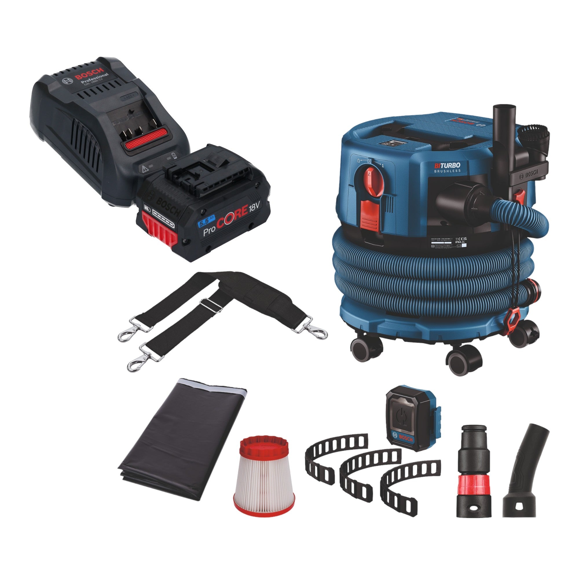Bosch GAS 18V 12 MC Professional Akku Staubsauger BITURBO Brushless 1x ProCore Akku 5 5 Ah Schnellladegeraet Zubehoer 0 - toolbrothers