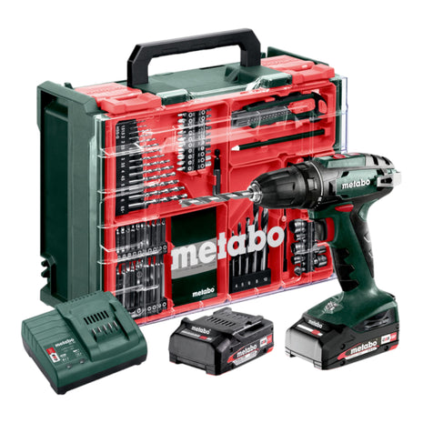 Metabo BS 18 set taladro/destornillador inalámbrico 18 V 48 Nm (602207710) + 2x baterías 2,0 Ah + cargador + taller móvil 74 piezas + maletín