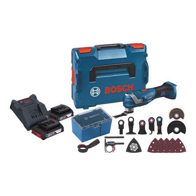 Bosch GOP 18V-34 Multi Cutter professionale a batteria 18 V Starlock Plus + 2x batteria ricaricabile 2,0 Ah + caricatore + 17 accessori + L-Boxx