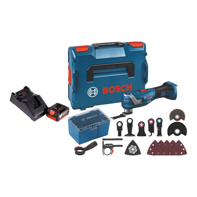 Bosch GOP 18V-34 Professional Cordless Multi Cutter 18 V Starlock Plus + 1x batteria ricaricabile 3,0 Ah + caricabatterie + 17 accessori + L-Boxx