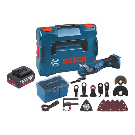 Bosch GOP 18V-34 Professional Cordless Multi Cutter 18 V Starlock Plus + 1x rechargeable battery 4.0 Ah + 17 pcs. accessories + L-Boxx - without charger