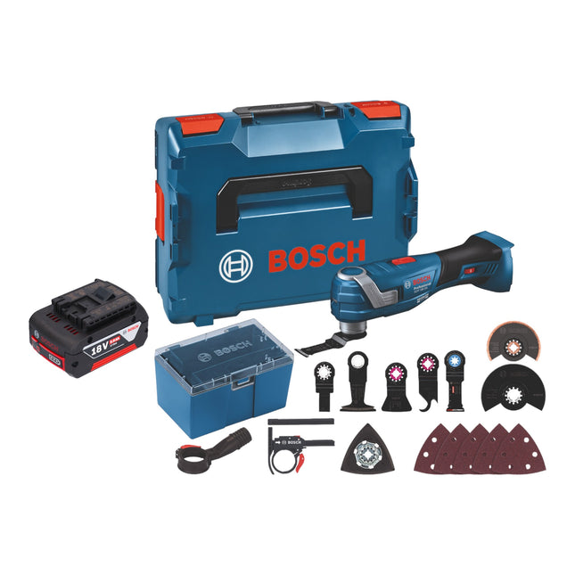 Bosch GOP 18V-34 Professional Multi Cutter a batería 18 V Starlock Plus + 1 batería de 5,0 Ah + 17 accesorios + L-Boxx - sin cargador