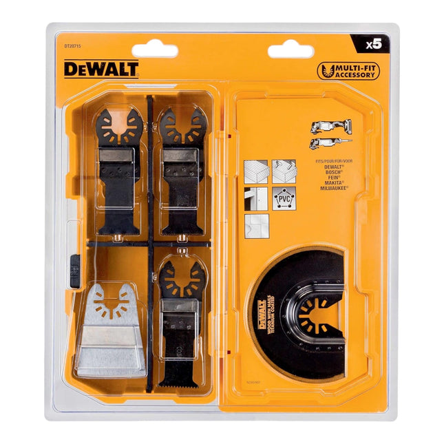 DeWalt DT 20715-QZ Multiherramienta accesorios 5 pzs. para madera, madera con clavos, plástico, cartón yeso, restos de pintura y cola