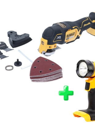 Multiherramienta oscilador a batería DeWalt DCS 355 N 18 V sin escobillas + set de accesorios 29 piezas + lámpara de batería DeWalt DCL 040 18V XR Li-Ion