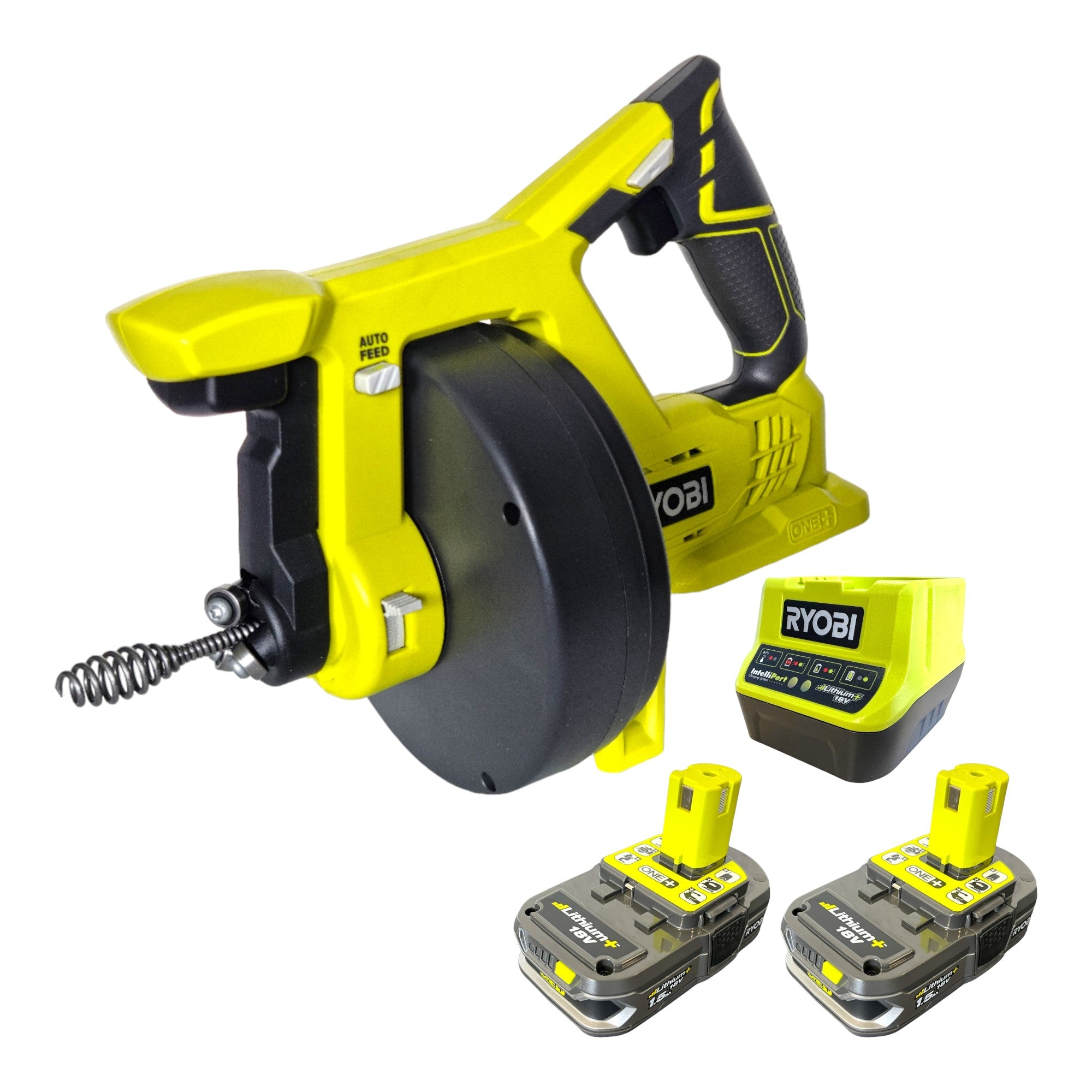 RYOBI R18DA 215 Akku Rohrreinigungsgeraet 18 V ONE 7 6 m x 16 mm 2x Akku 1 5 Ah Ladegeraet 0 - toolbrothers