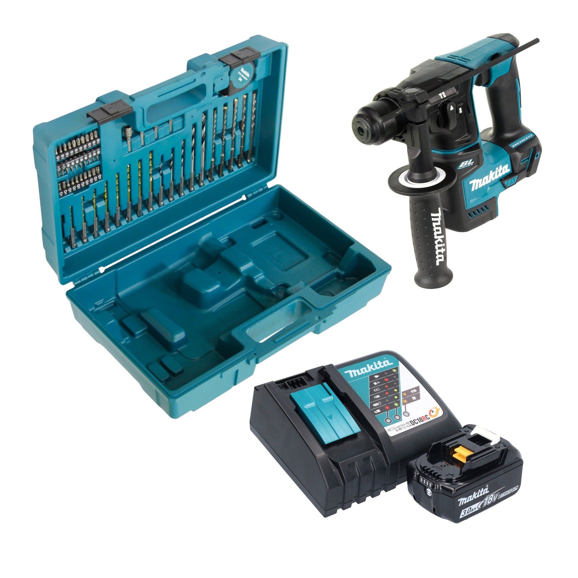 Makita DHR 171 RF1X3 Akku Bohrhammer 18 V 1 2 J SDS Plus Brushless 1x Akku 3 0 Ah Ladegeraet 65 tlg Zubehoer Set Koffer 0 - toolbrothers