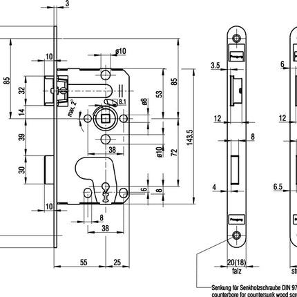 BKS Mortise door lock 0215 ( 3000251045 ) BB 20/ 55/72/8 mm DIN left class 1 PVC-U