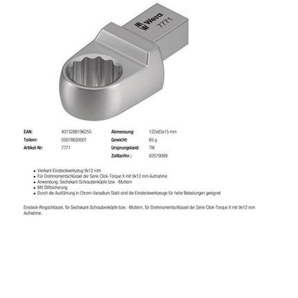 Chiave a scatola Wera 7771 ( 8000377406 ) Larghezza tra i piani 17 mm 9 x 12 mm