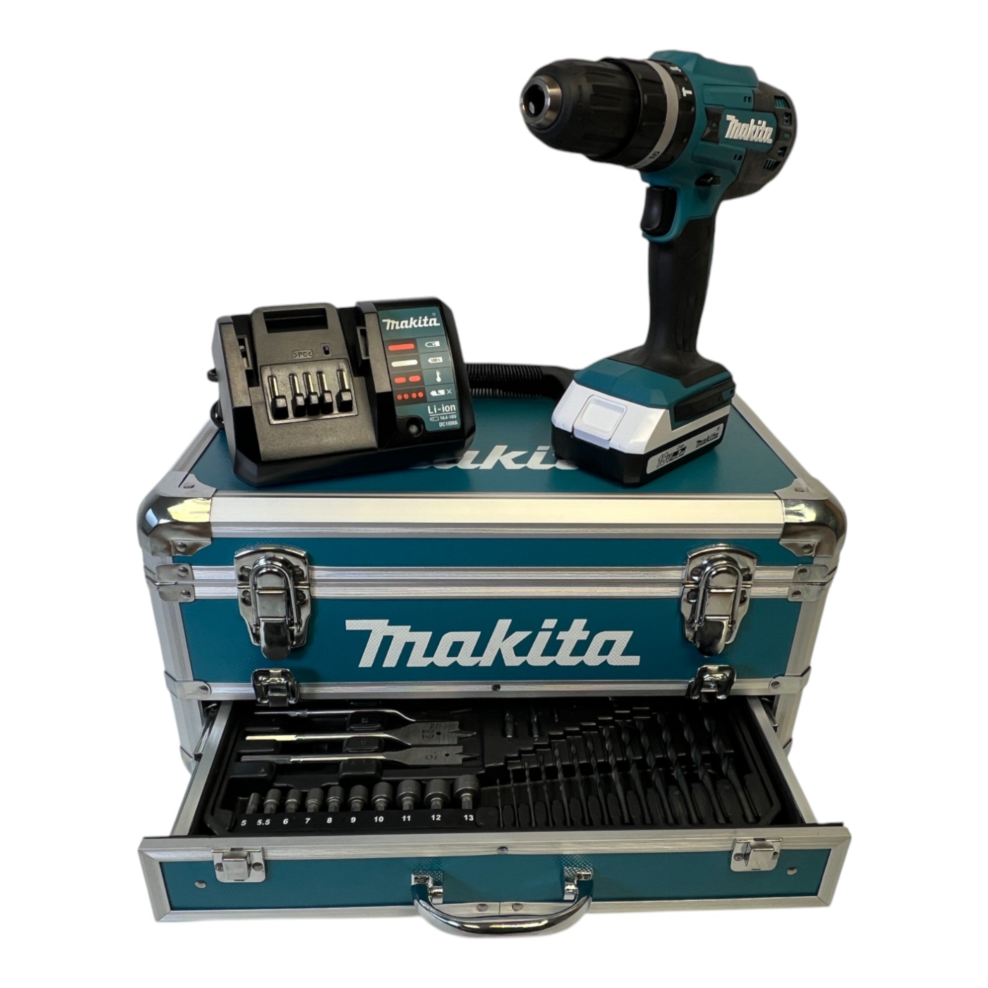 Makita HP 488 DWAX4 Akku Schlagbohrschrauber 18 V 42 Nm G Serie 1x Akku 2 0 Ah Ladegeraet 74 tlg Bit Set Koffer 0 - toolbrothers