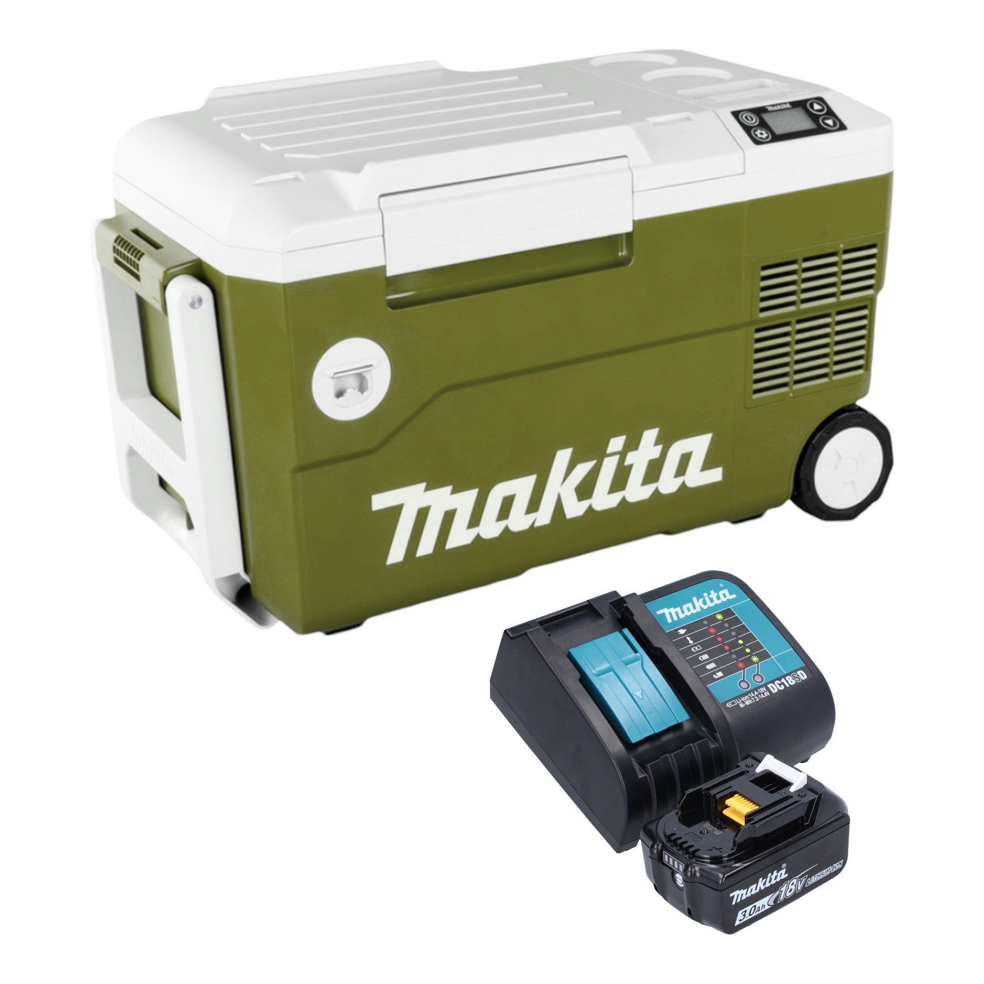 Makita DCW 180 SFO Akku Kuehl und Waerme Box 36 V 2x 18 V 20 L Olive Outdoor Adventures Edition 1x Akku 3 0 Ah Ladegeraet 0 - toolbrothers