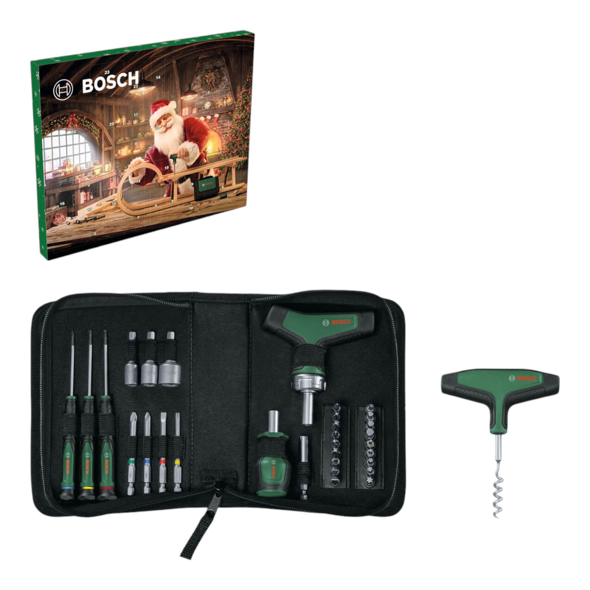 Bosch Handwerkzeug Adventskalender 2024 mit 33 tlg Werkzeug Set 1600A0349X Bit Ratschenschraubendreher T Griff Praezisionsschraubendreher Bit Schraubendreher Stubby Zubehoer Korkenzieher Tasche 1 - toolbrothers