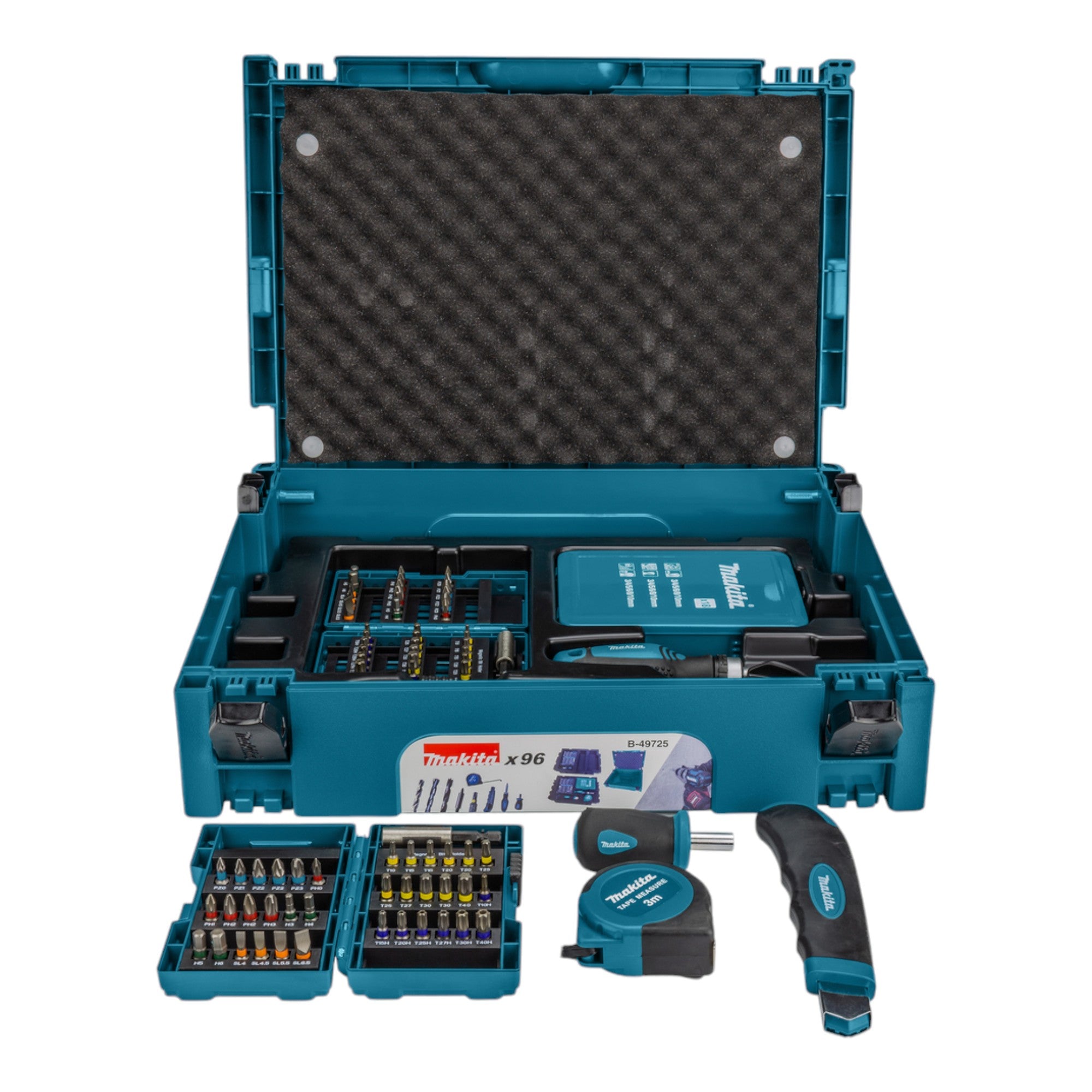 Makita B 49725 Bohrer Bit Set 96 teilig Makpac Cuttermesser Massband Faustschraubendreher Ratschenschraubendreher Bithalter  0 - toolbrothers