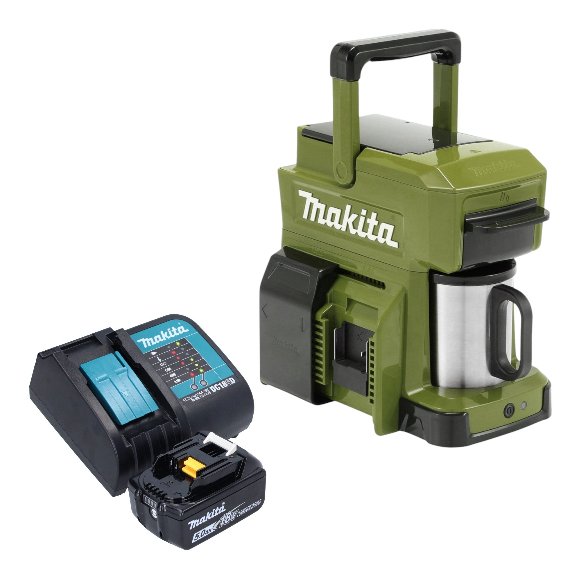 Makita DCM 501 STO Akku Kaffeemaschine 12 V max 18 V Olive 1x Akku 5 0 Ah Ladegeraet 0 - toolbrothers