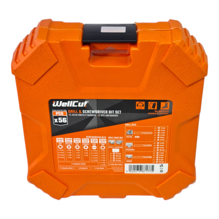 WellCut Juego de brocas y taladros de 56 piezas ( WC-DB56 ) PH / PZ / HEX / Schiltz / TX / Robertson broca para metal / madera / piedra + sierra de corona 32 - 54 mm