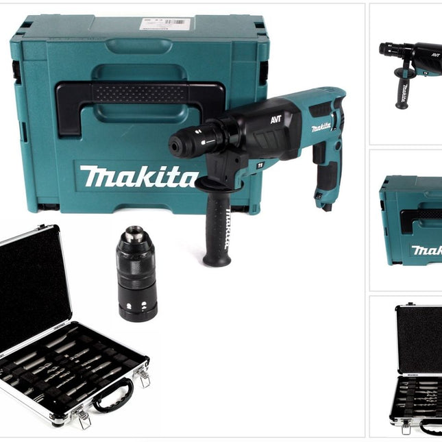 Makita HR 2631 FTJ  800 W Kombihammer mit SDS Plus Bohrfutter und Schnellspannbohrfutter im Makpac + Bosch Meißel und Bohrer Set 11 tlg. für SDS-Plus in Alukoffer - Toolbrothers