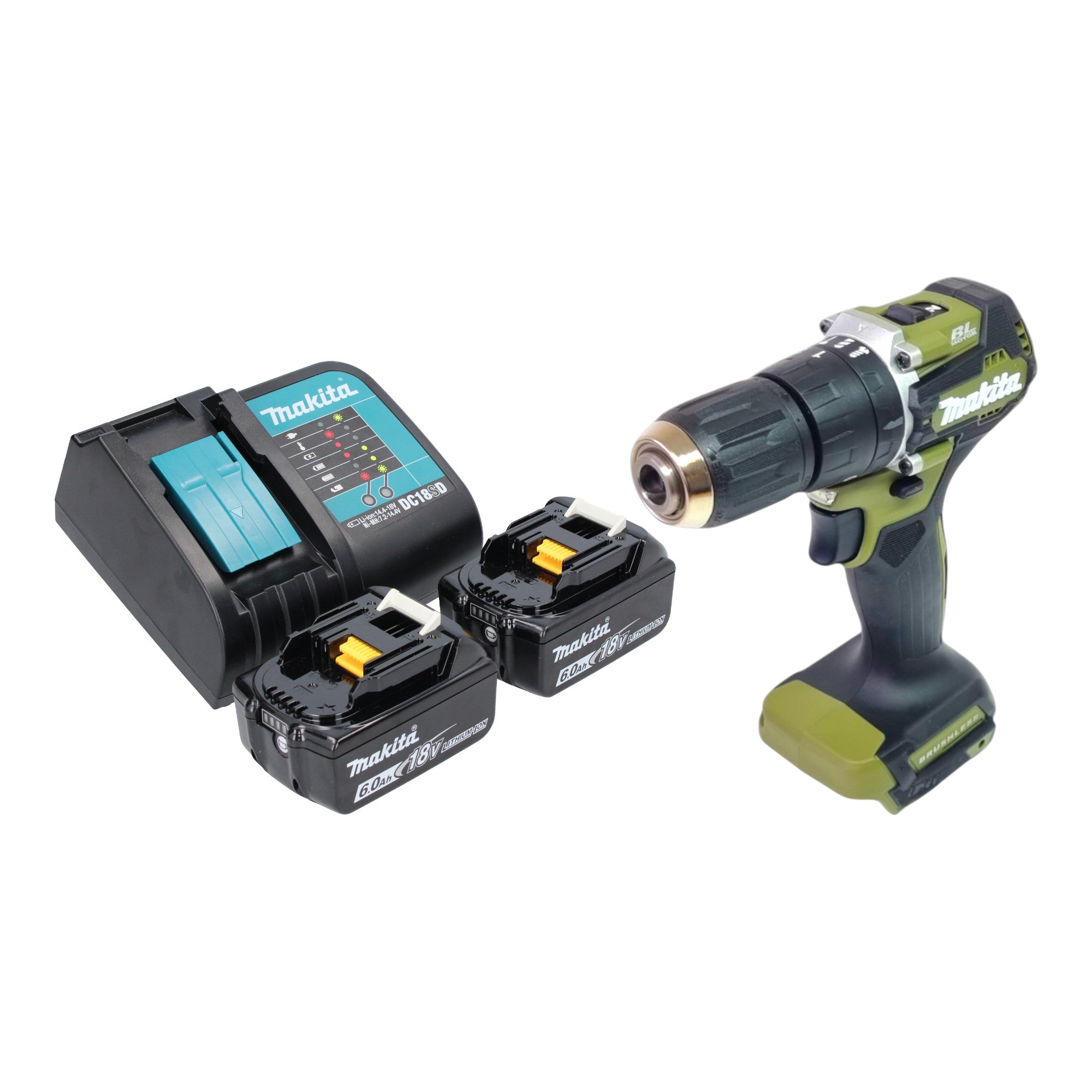 Makita DHP 487 SGO Akku Schlagbohrschrauber 18 V 40 Nm Brushless Olive Outdoor Adventure Serie 2x Akku 6 0 Ah Ladegeraet 0 - toolbrothers