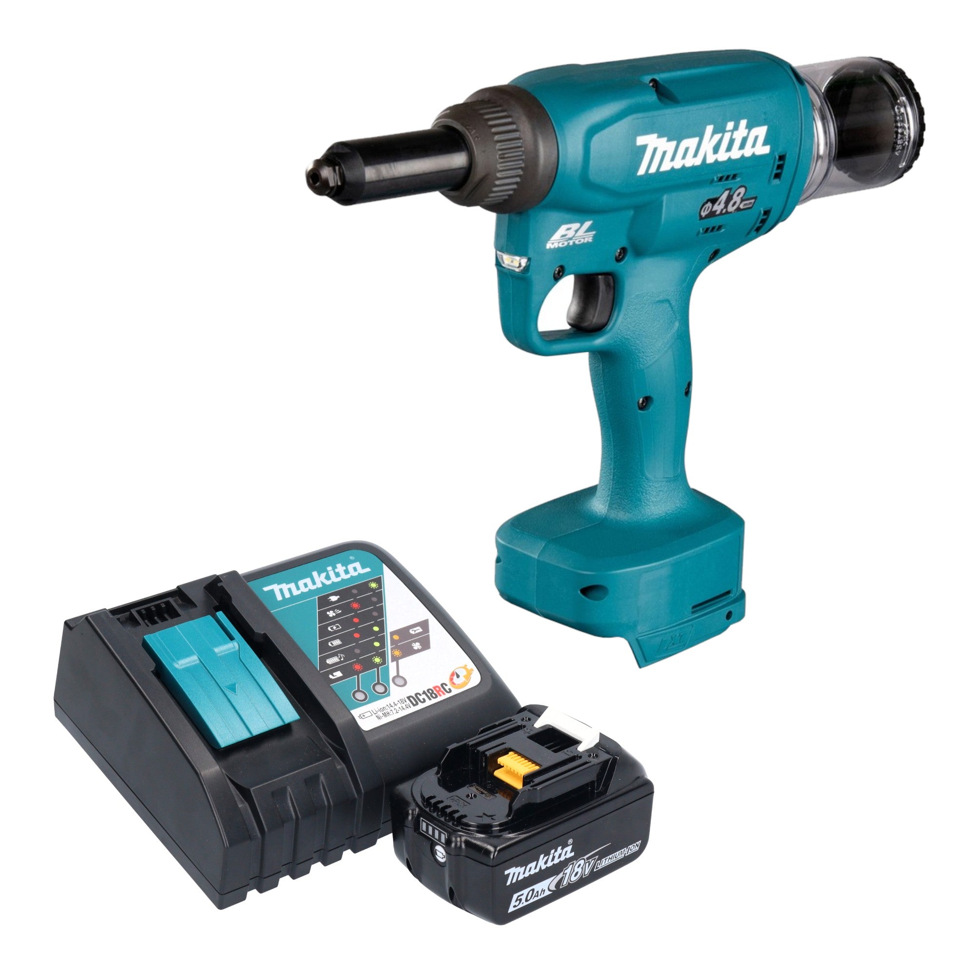 Makita DRV 150 RT1 Akku Blindnietsetzgeraet 18 V 10 kN 2 4 4 8 mm Brushless 1x Akku 5 0 Ah Ladegeraet 0 - toolbrothers