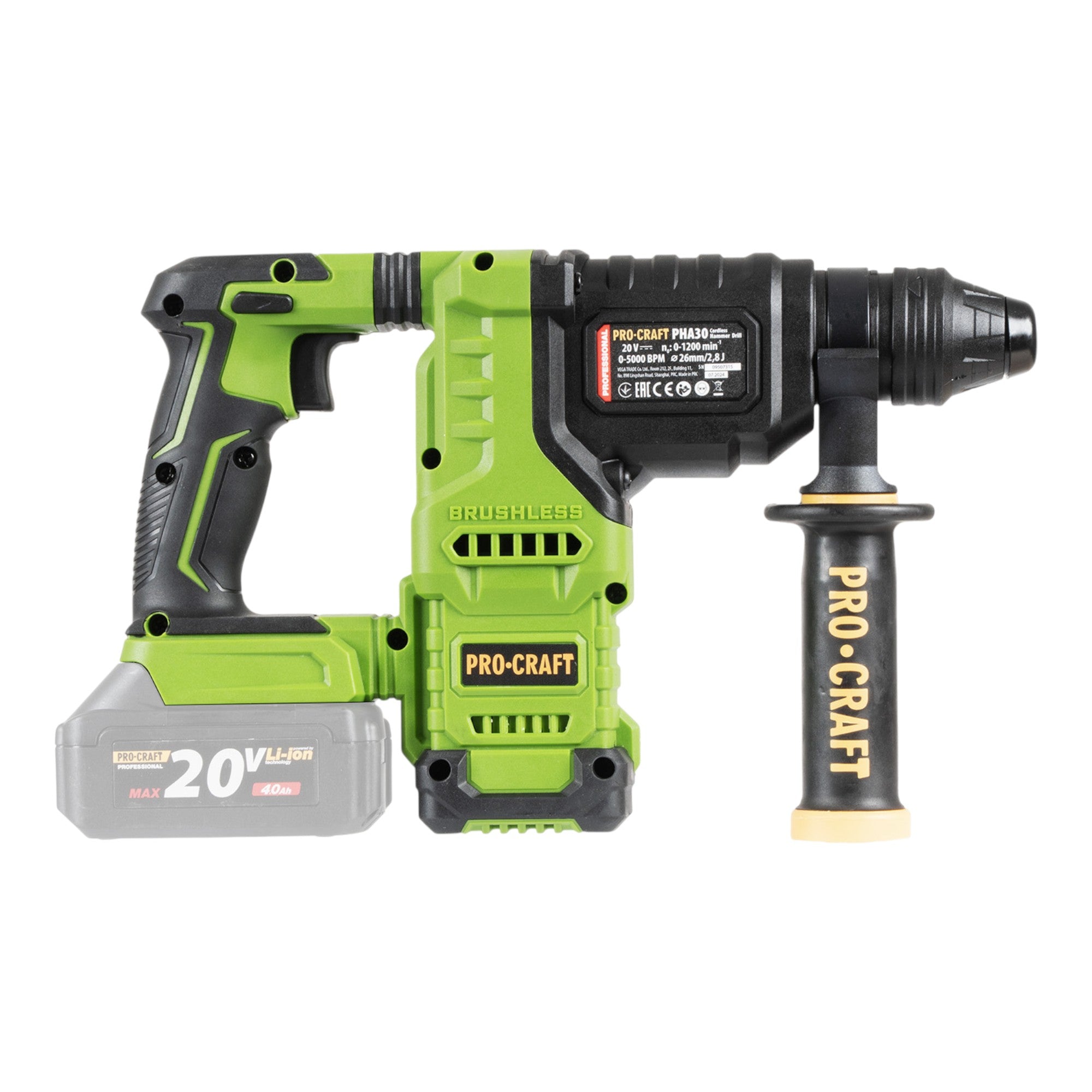 Procraft PHA30bb Akku Bohrhammer 20 V 2 8 J SDS plus Brushless 1x Akku 2 0 Ah ohne Ladegeraet 4 - toolbrothers