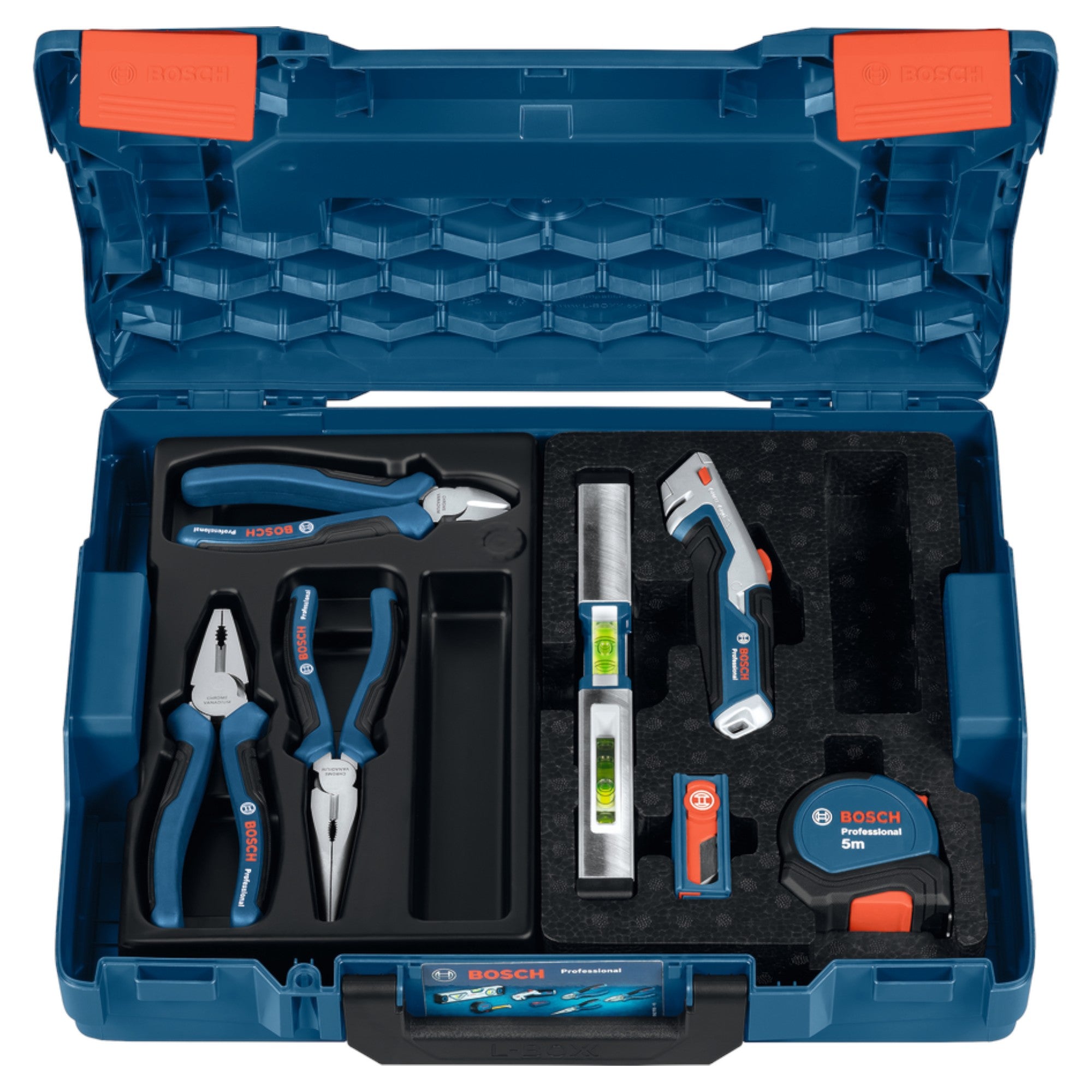 Bosch Handwerkzeug Set 16 tlg 0615990N2S Zange Wasserwaage Massband Messer Klinge L Boxx 1 - toolbrothers