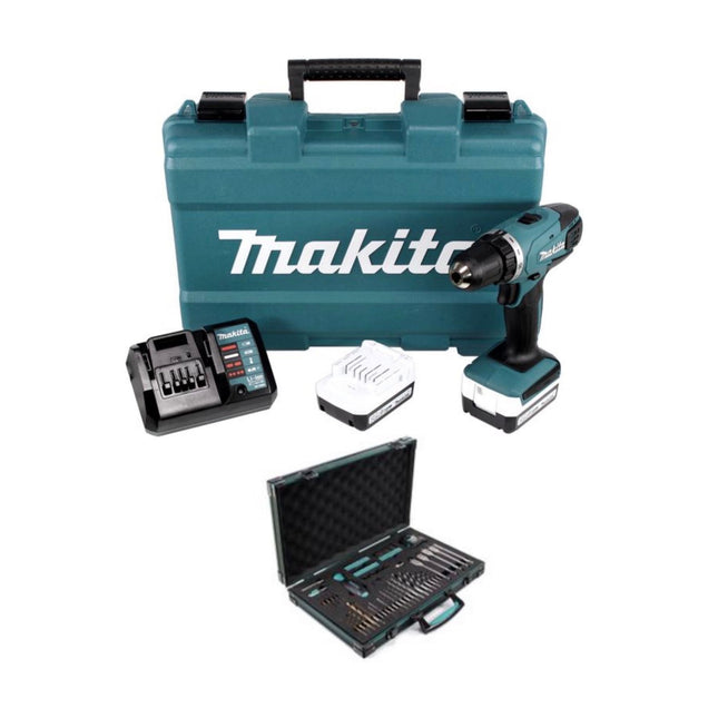 Taladro atornillador a batería Makita DF 347 DWE 14,4 V Li-ion + 2x Baterías 1,5 Ah + Cargador + Makita P-90261 Pro XL - Gran juego de brocas, taladros y accesorios - 70 piezas