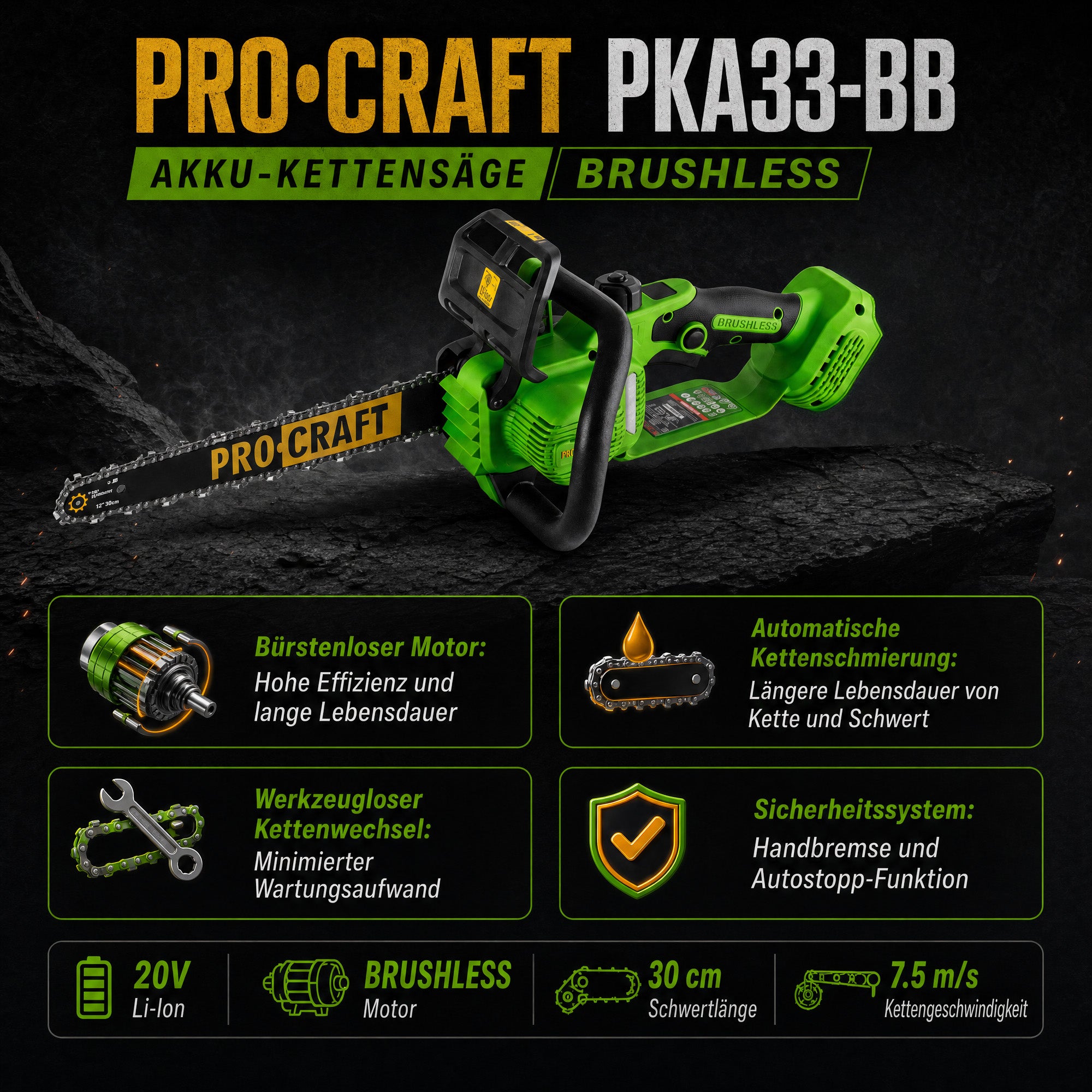Procraft PKA33 BB Akku Kettensaege 20 V 304 mm Brushless Solo ohne Akku ohne Ladegeraet 1 - toolbrothers