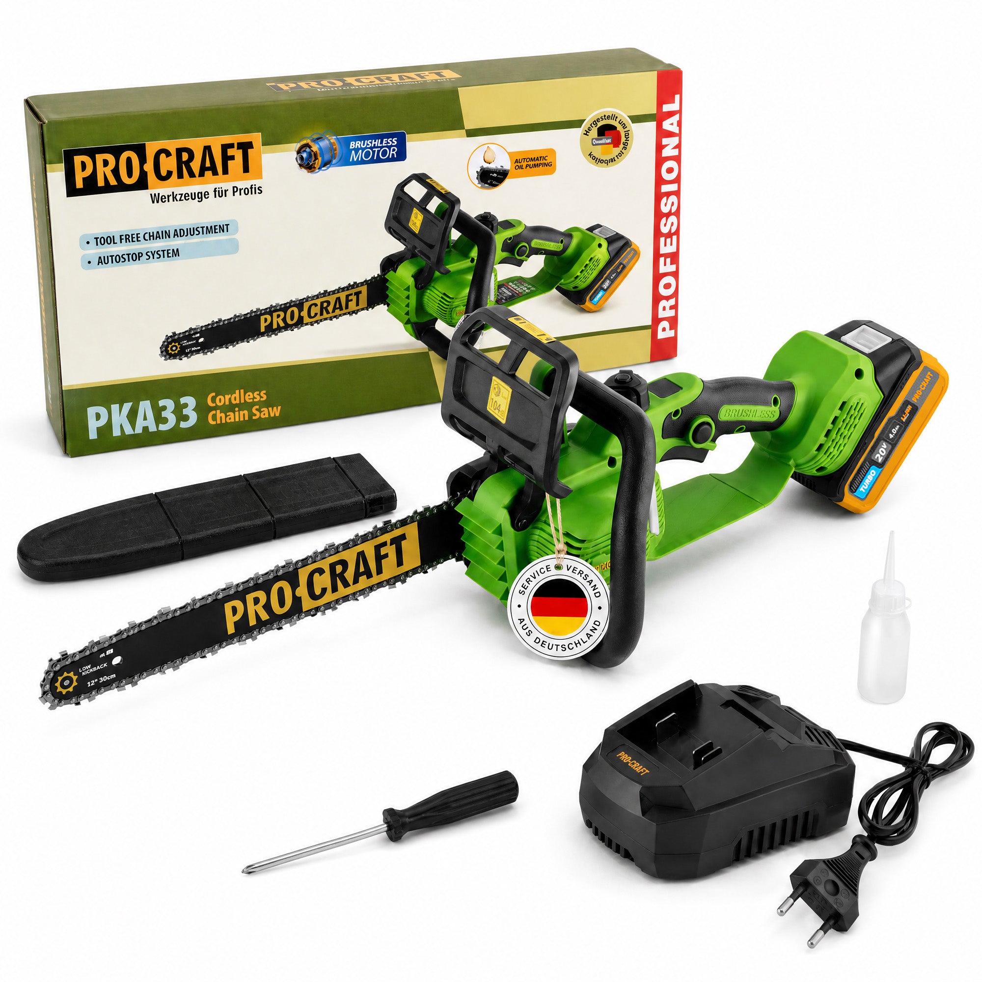 Procraft PKA33 1B Akku Kettensaege 20 V 304 mm Brushless 1x Akku 4 0 Ah Ladegeraet 0 - toolbrothers