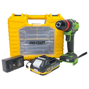 Procraft PA18ProDFR2-1B-C Akku Bohrschrauber 20 V 30 Nm Brushless + 1x Akku 2,0 Ah + Ladegerät + 13 tlg. Bit Set + Koffer