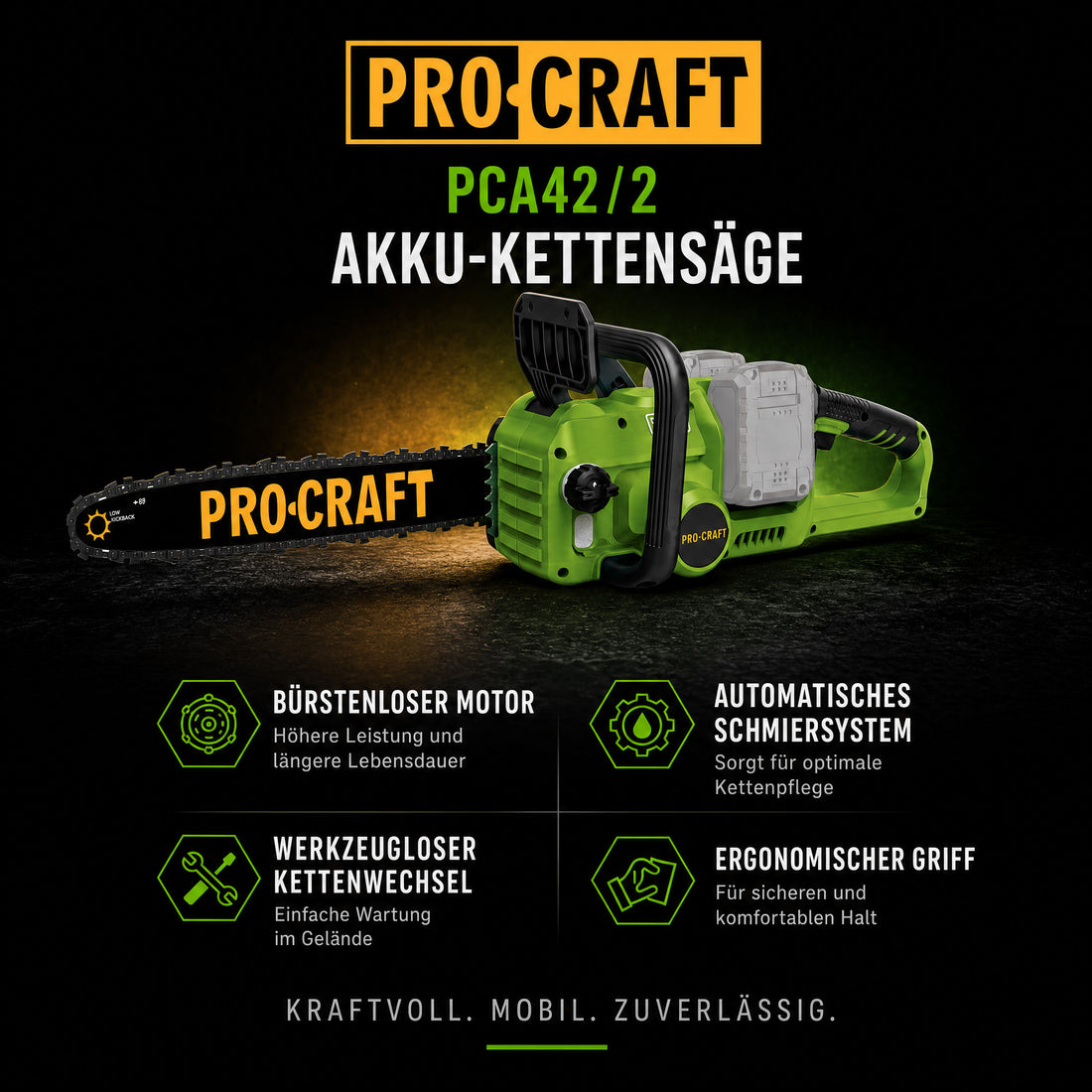 Procraft PCA42/2 Akku Kettensäge 40 V ( 2x 20 V ) 406 mm Brushless Solo - ohne Akku, ohne Ladegerät