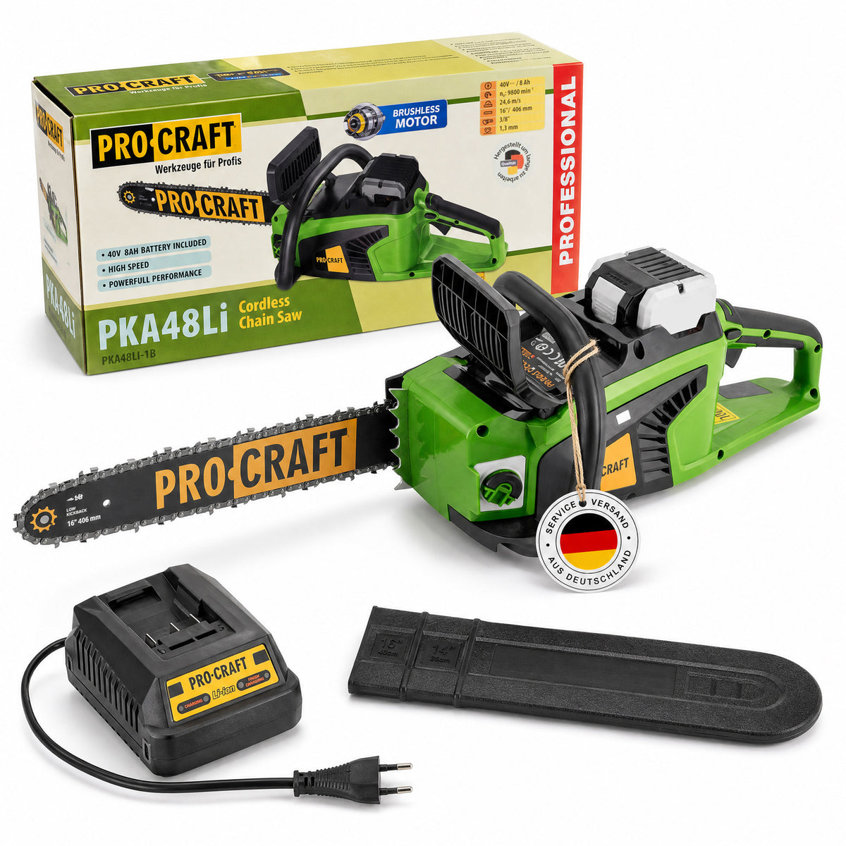 Procraft PKA48Li Akku Kettensäge 40 V 406 mm Brushless + 1x Akku 8,0 Ah + Ladegerät