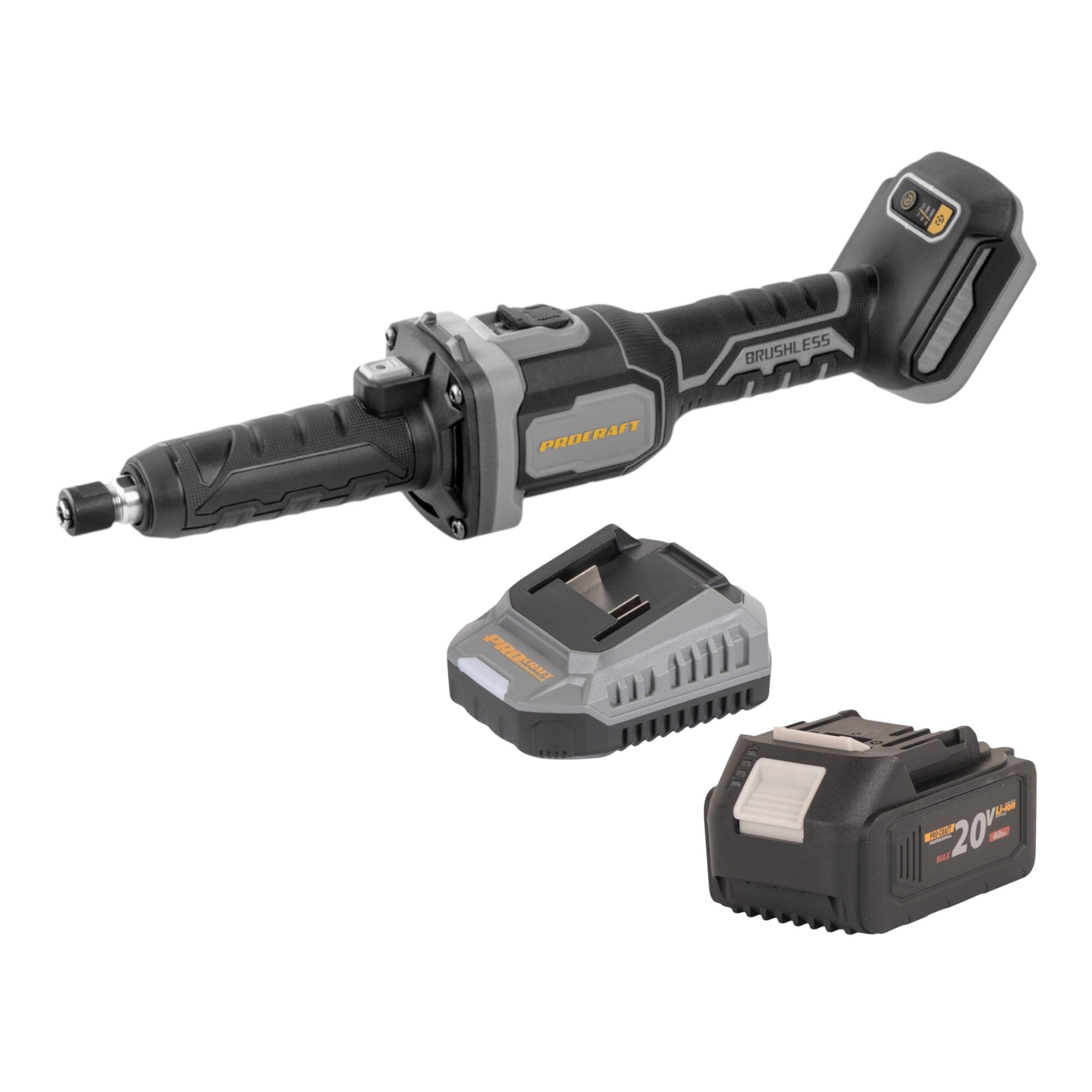 Procraft Industrial DG20A BB Akku Geradschleifer 20 V 6 mm Brushless 1x Akku 4 0 Ah Ladegeraet 0 - toolbrothers
