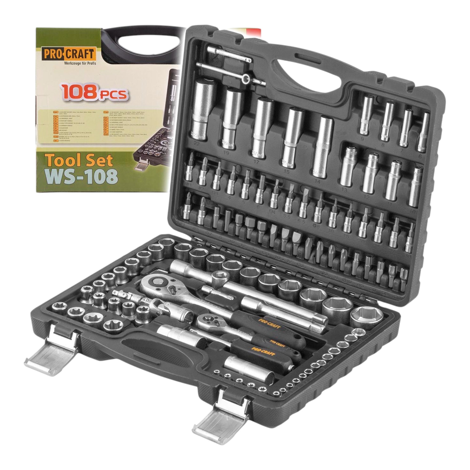 Procraft WS 108 Steckschluessel Set 108 tlg 1 4 1 2 Ratsche 48 Zaehne Schluessel Stecknuss Bits Koffer 0 - toolbrothers