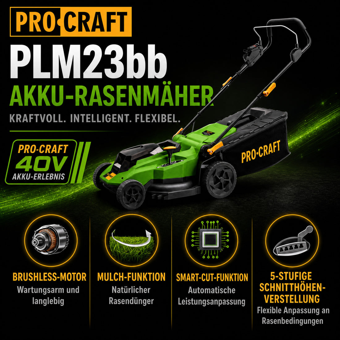 Procraft PLM23bb Akku Rasenmäher 40 V ( 2x 20 V ) 430 mm Brushless Solo - ohne Akku, ohne Ladegerät