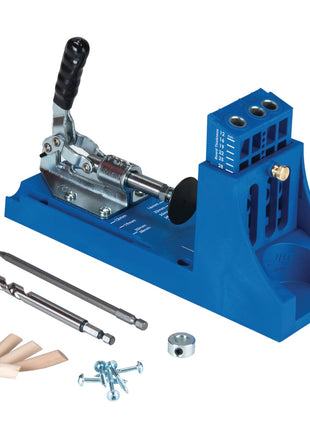 KREG Jig K4 Starter Set ( K4 ) Kompletny zestaw do łączenia drewna z szablonem wiertarskim K4, wiertłem stopniowym, bitem, wkrętami i kołkami.