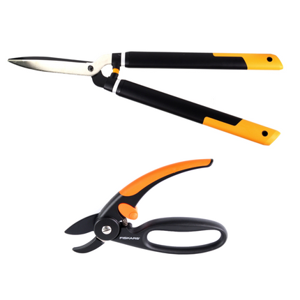 Fiskars Set 1x Teleskop Heckenschere HS86 68 cm auf 93 cm + 1x P43 Amboss Gartenschere Fingerloop - Toolbrothers