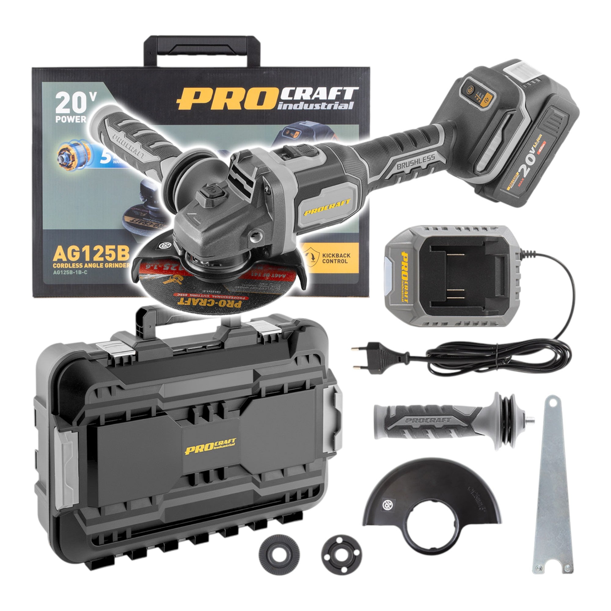 Procraft Industrial AG125B 1B C Akku Winkelschleifer 20 V 125 mm Brushless 1x Akku 4 0 Ah Ladegeraet Koffer 0 - toolbrothers