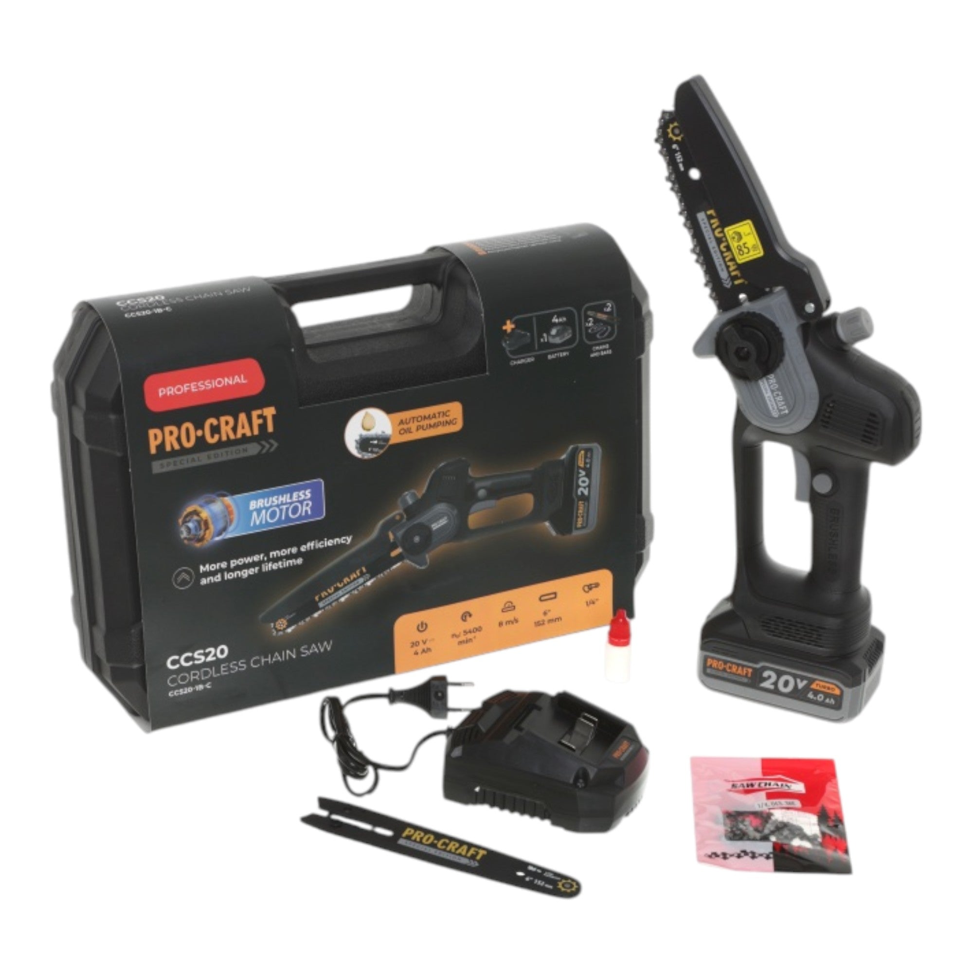 Procraft CCS20 Akku Mini Astsaege Kettensaege 20 V 152 mm Brushless Black Edition 1x Akku 4 0 Ah Ladegeraet Koffer 0 - toolbrothers