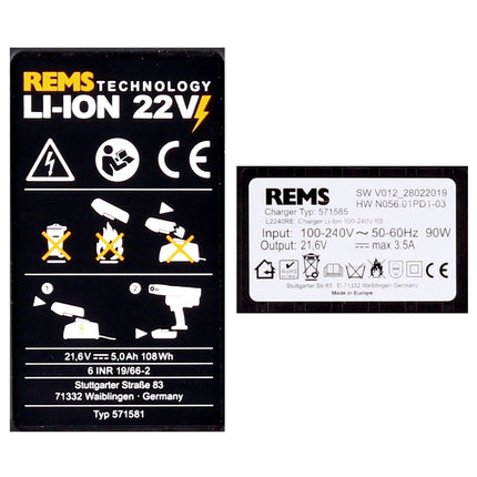 REMS Akku Set Power Pack 21,6V (22V max) mit 2x Akku 5,0Ah + Ladegerät 90W ( 571591 ) - Toolbrothers