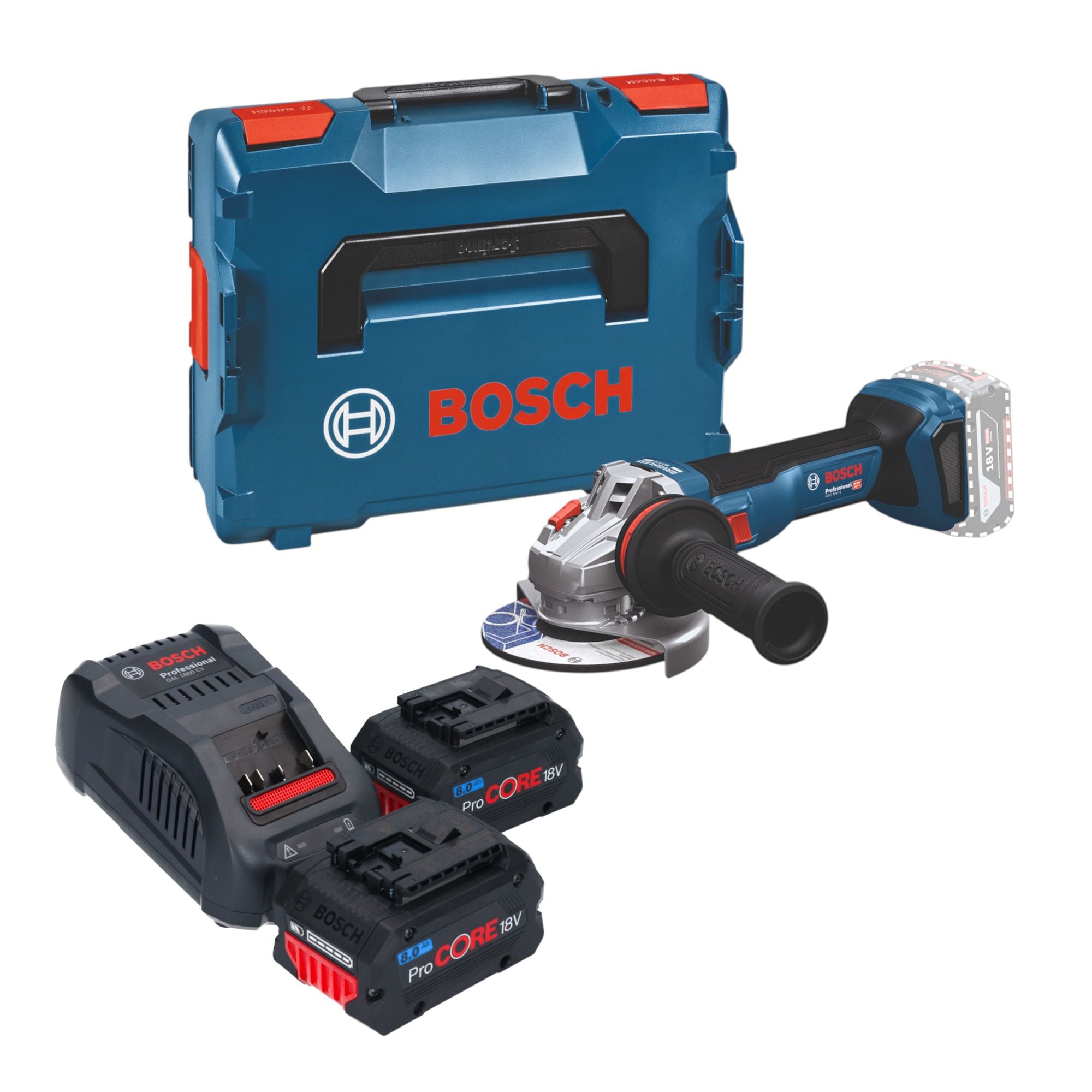 Bosch GWS 18V 11 Professional Akku Winkelschleifer 18 V 125 mm Brushless 2x ProCORE Akku 8 0 Ah Ladegeraet L Boxx 0 - toolbrothers