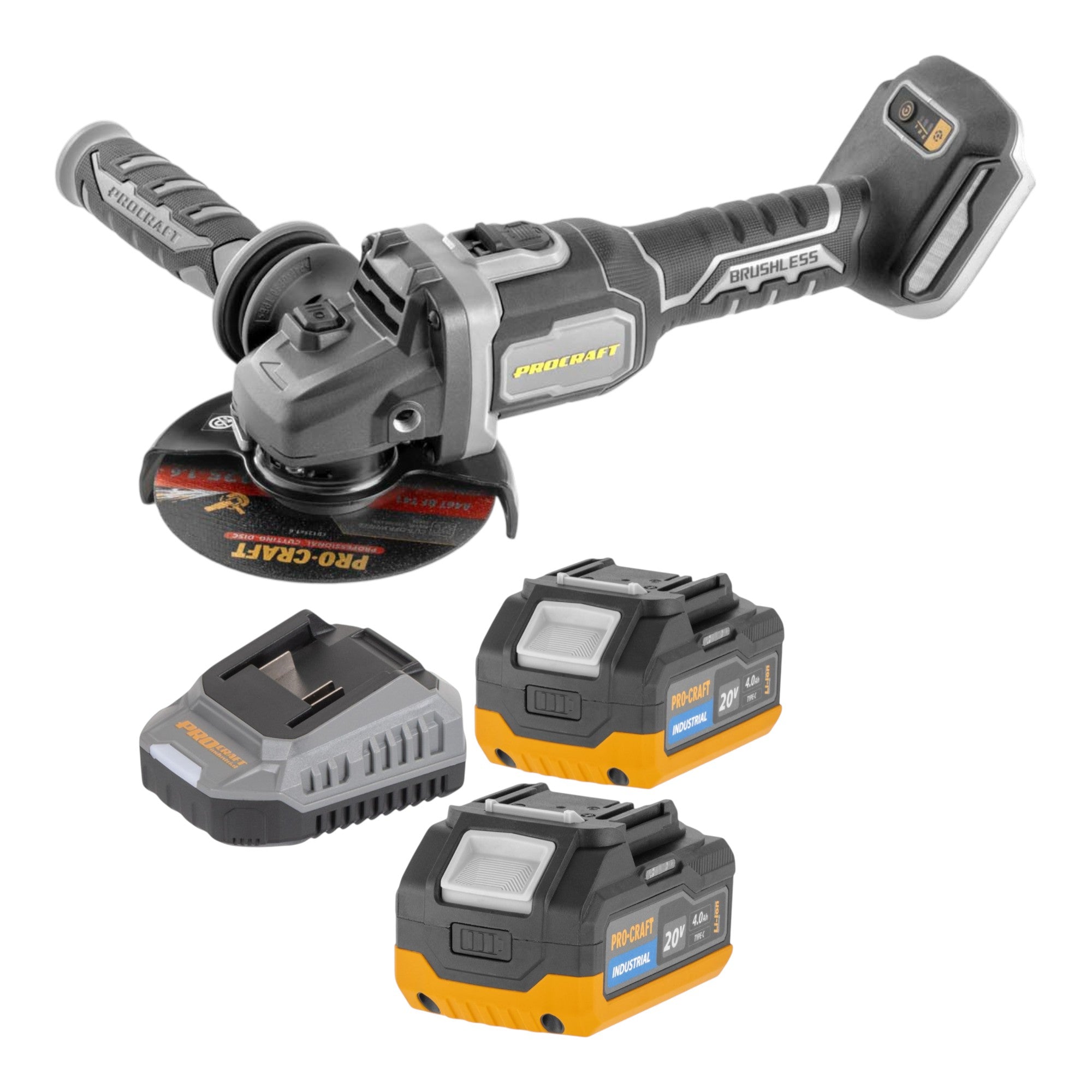 Procraft Industrial AG125Bbb Akku Winkelschleifer 20 V 125 mm Brushless 2x Akku 4 0 Ah Ladegeraet 0 - toolbrothers