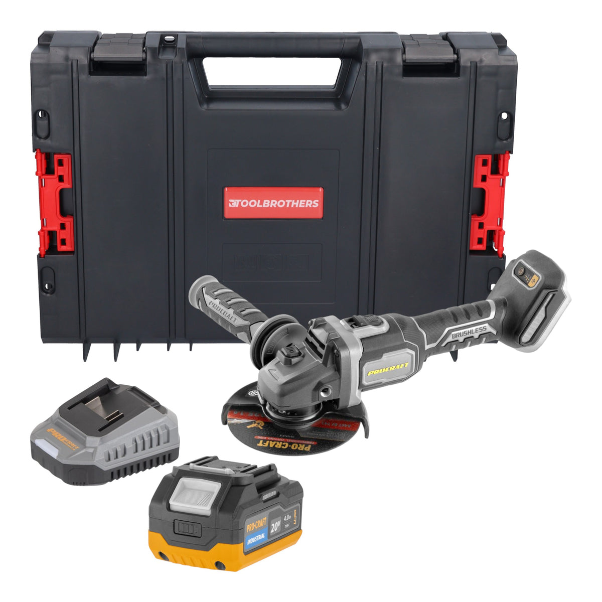Procraft Industrial AG125Bbb Akku Winkelschleifer 20 V 125 mm Brushless + 1x Akku 4,0 Ah + Ladegerät + RHINO Toolcase