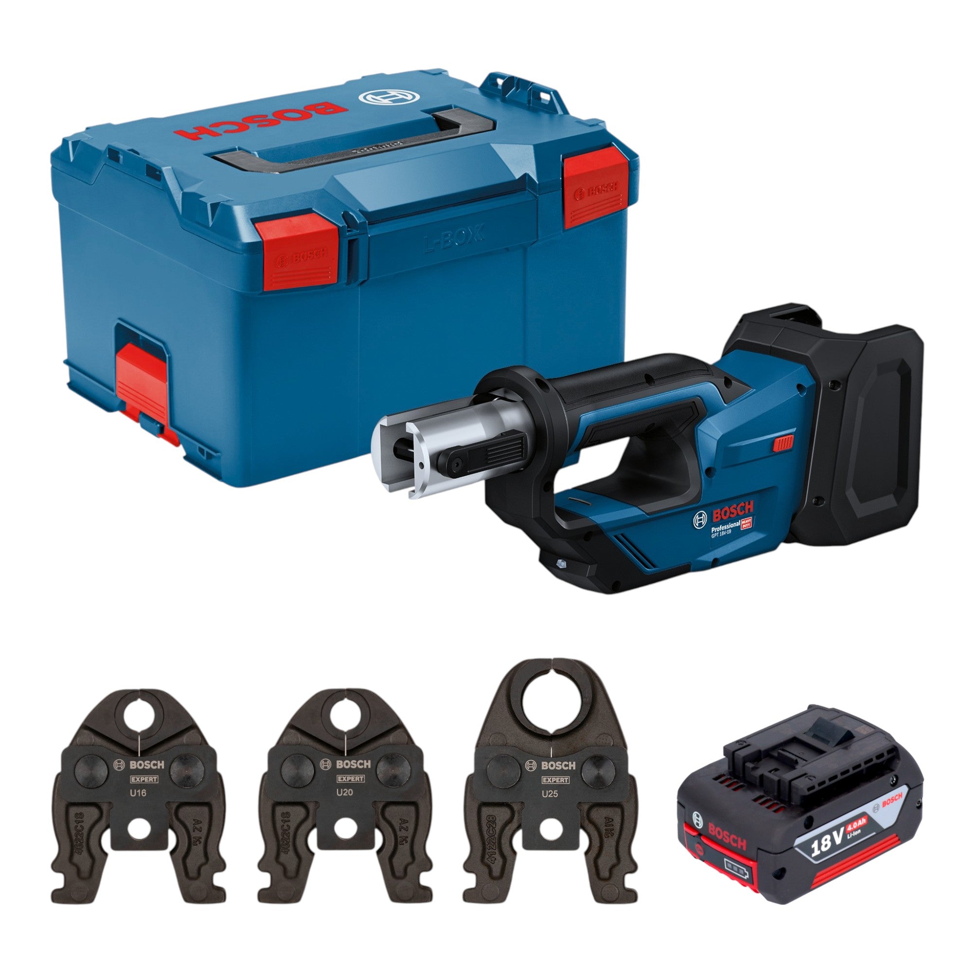 Bosch GPT 18V 19 Professional Akku Presswerkzeug 18 V 21 kN 1x Akku 4 0 Ah 3x Pressbacke L Boxx ohne Ladegeraet 0 - toolbrothers