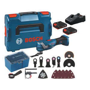 Bosch GOP 18V-34 Professional Akku Multi Cutter 18 V Starlock Plus + 2x Akku 2,0 Ah + Ladegerät + 17 tlg. Zubehör + L-Boxx