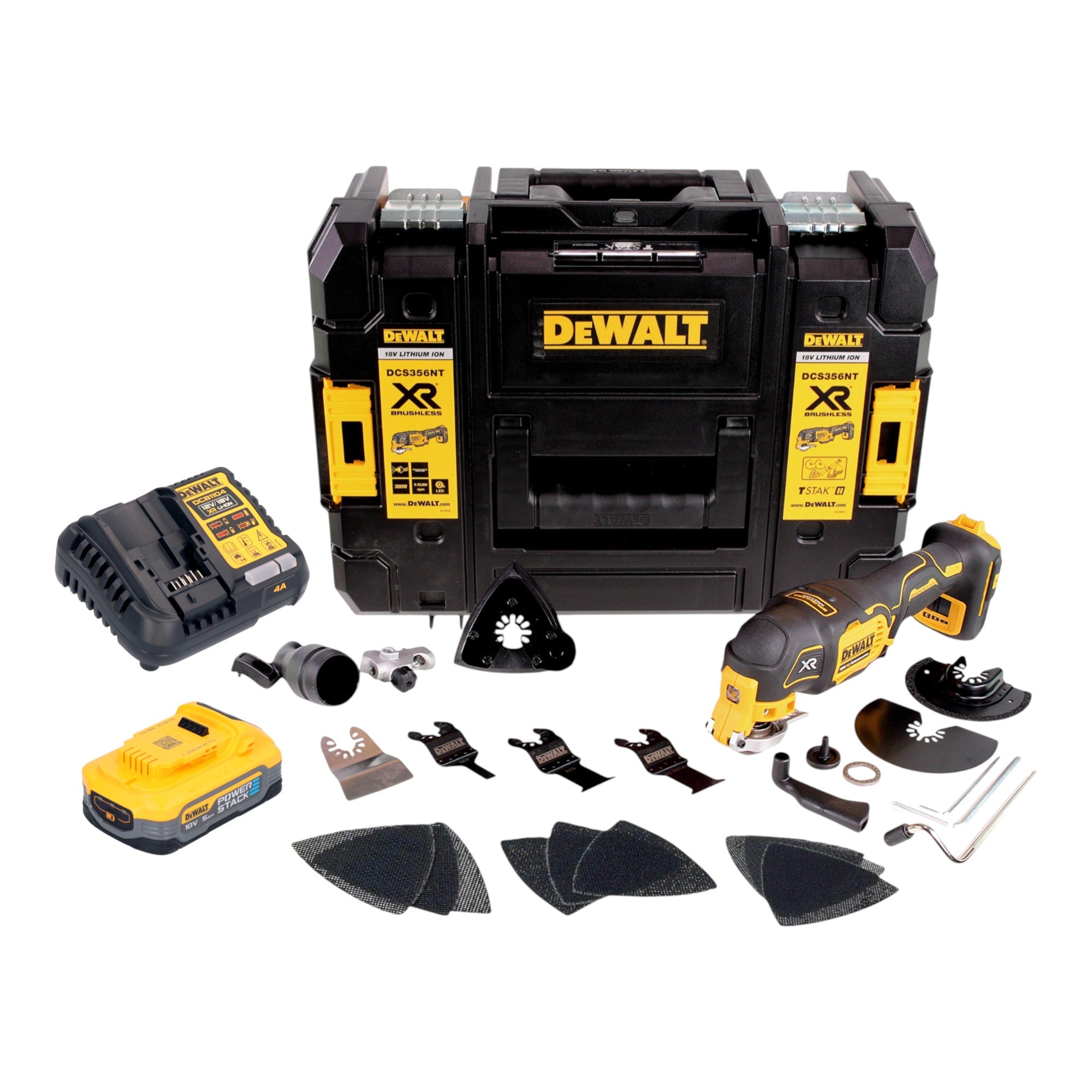 DeWalt DCS 356 H1T Akku Multitool 18 V Brushless 1x Powerstack Akku 5 0 Ah Ladegeraet 20 tlg Zubehoer TSTAK 0 - toolbrothers
