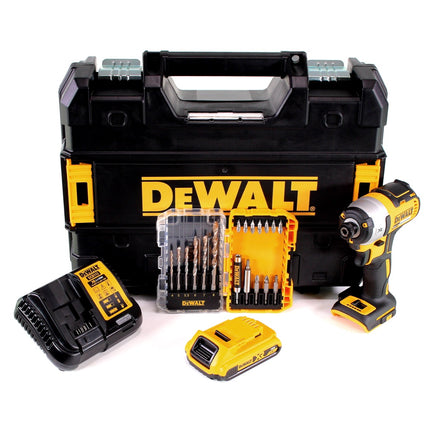 DeWalt DCF 887 D1T Akku Schlagschrauber 18 V 205 Nm 1/4" Brushless + 1x Akku 2,0 Ah + Ladegerät + 19 tlg. Bit Bohrer Set + TSTAK
