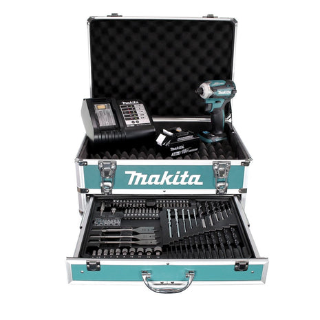 Makita DTD 171 SFX4 llave de impacto a batería 18 V 180 Nm 1/4" sin escobillas + 1x batería 3,0 Ah + cargador + juego de brocas de 70 piezas + estuche