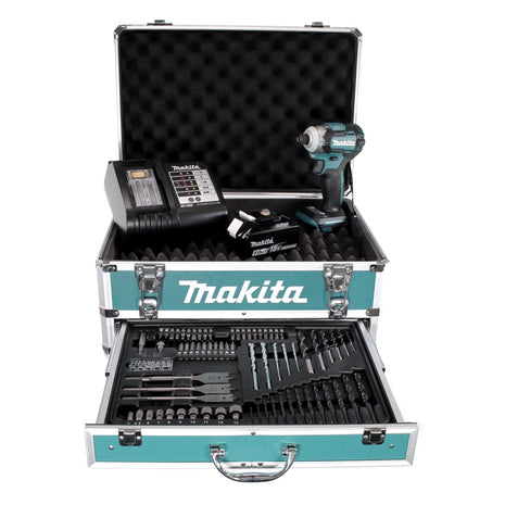 Clé à chocs sans fil Makita DTD 170 STX4 18V 175Nm sans balais + 1x batterie 5,0Ah + chargeur + 70 pièces. Coffret forets + coffret