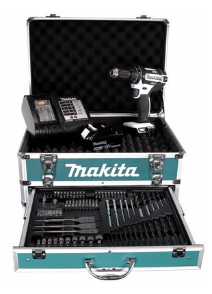 Perceuse à percussion sans fil Makita DHP 482 W SFX4 18 V 62 Nm + 1x batterie 3,0 Ah + chargeur + 70 pièces. Coffret forets + coffret